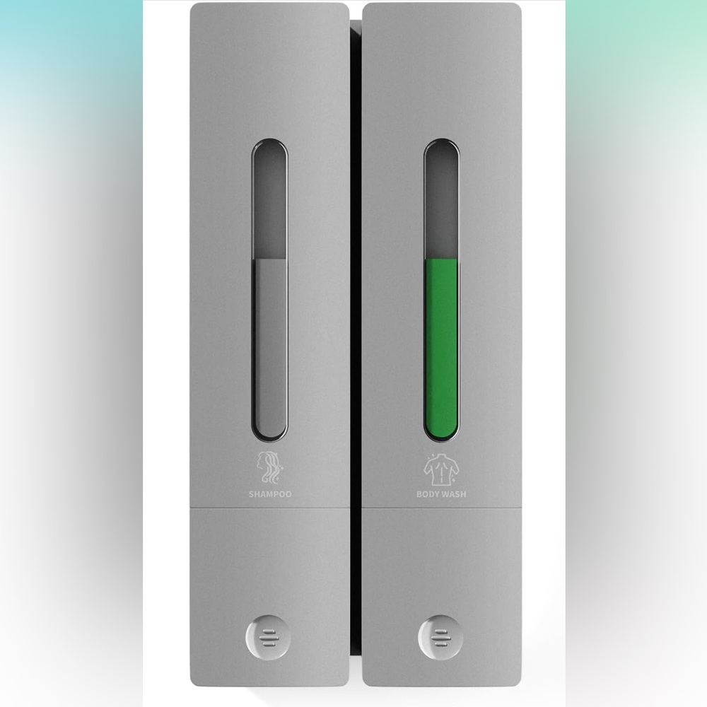 SHAMPOO AND BODY WASH DISPENSER, WALL MOUNTED OR NO DRILL ADHESION.